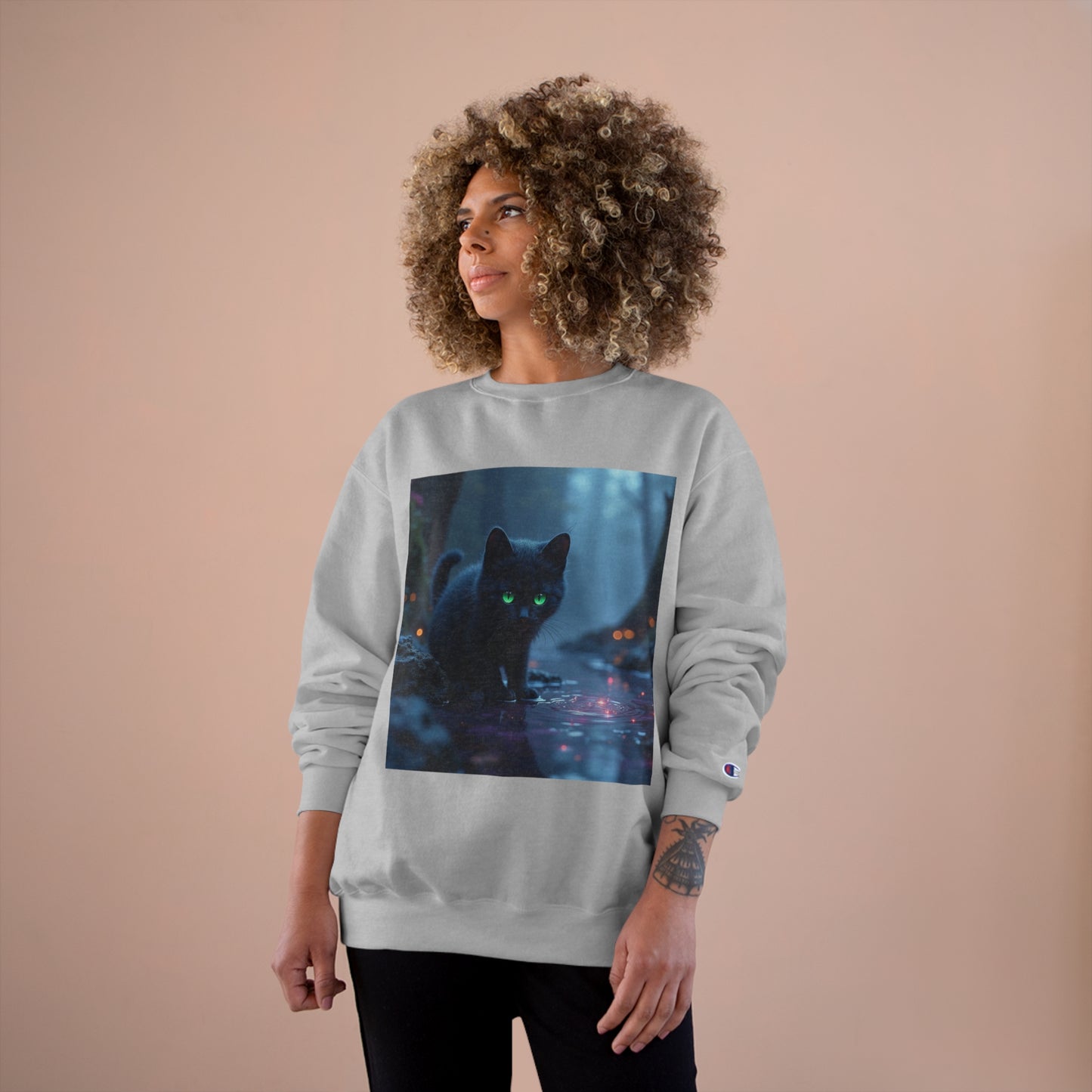 #BlackCatSweatshirt, #CatApparel, #BlackCatMagic, #CatFashion, #MysticalKitty, #FelineFashion, #BlackCatDesign, #WitchyVibes, #CatLoverStyle, #EnchantedCat, Champion Sweatshirt