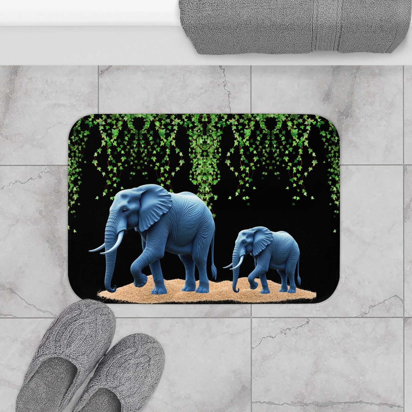 Elephant bathmat, Mother and baby elephant Bathmat, Wildlife bathroom decor, Safari-inspired bathmat, Nature-themed mat, Bathmat.