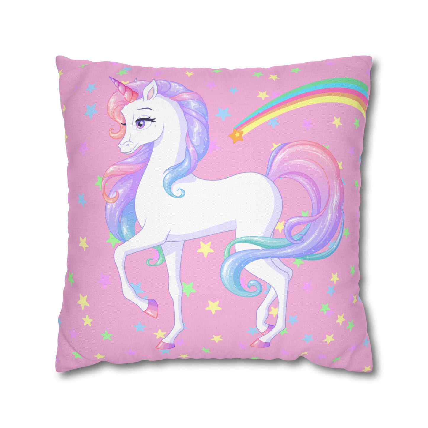 Pink Unicorn Square Pillowcase, Rainbow and Stars Pillow Cover, Magical Unicorn Bedroom Accent, Girls' Room Decorative Pillowcase.