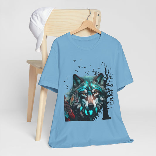 Wolf Graphic Tee, Old Oak Tree Design Birds and Feathers Shirt, Nature-Inspired T-Shirt, Unisex Short Sleeve Tee, Outdoor Enthusiast Clothing.