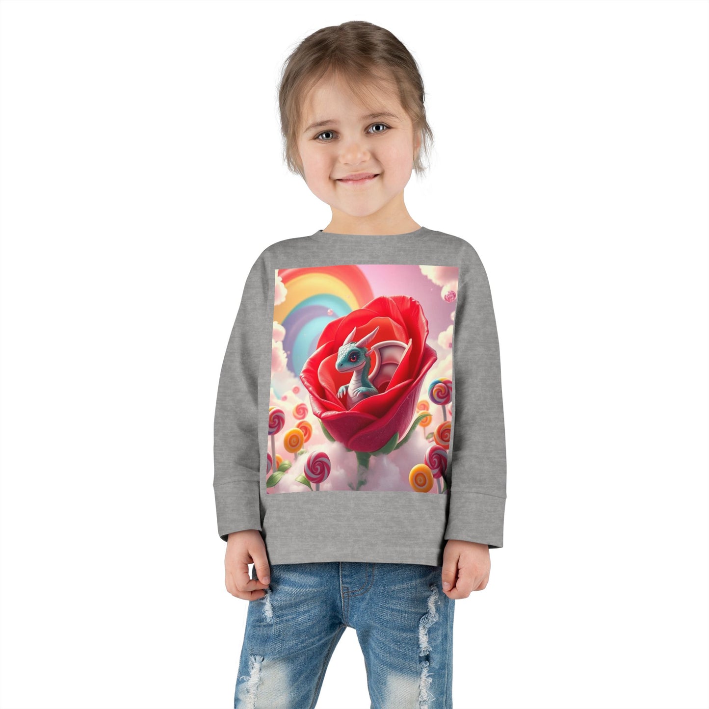 Toddler dragon tee, Toddler long-sleeved shirt, Soft and comfy tee, Mythical creature shirt, for kids Fantasy-themed toddler wear, Dragon and rose design, Toddler Long Sleeve Tee