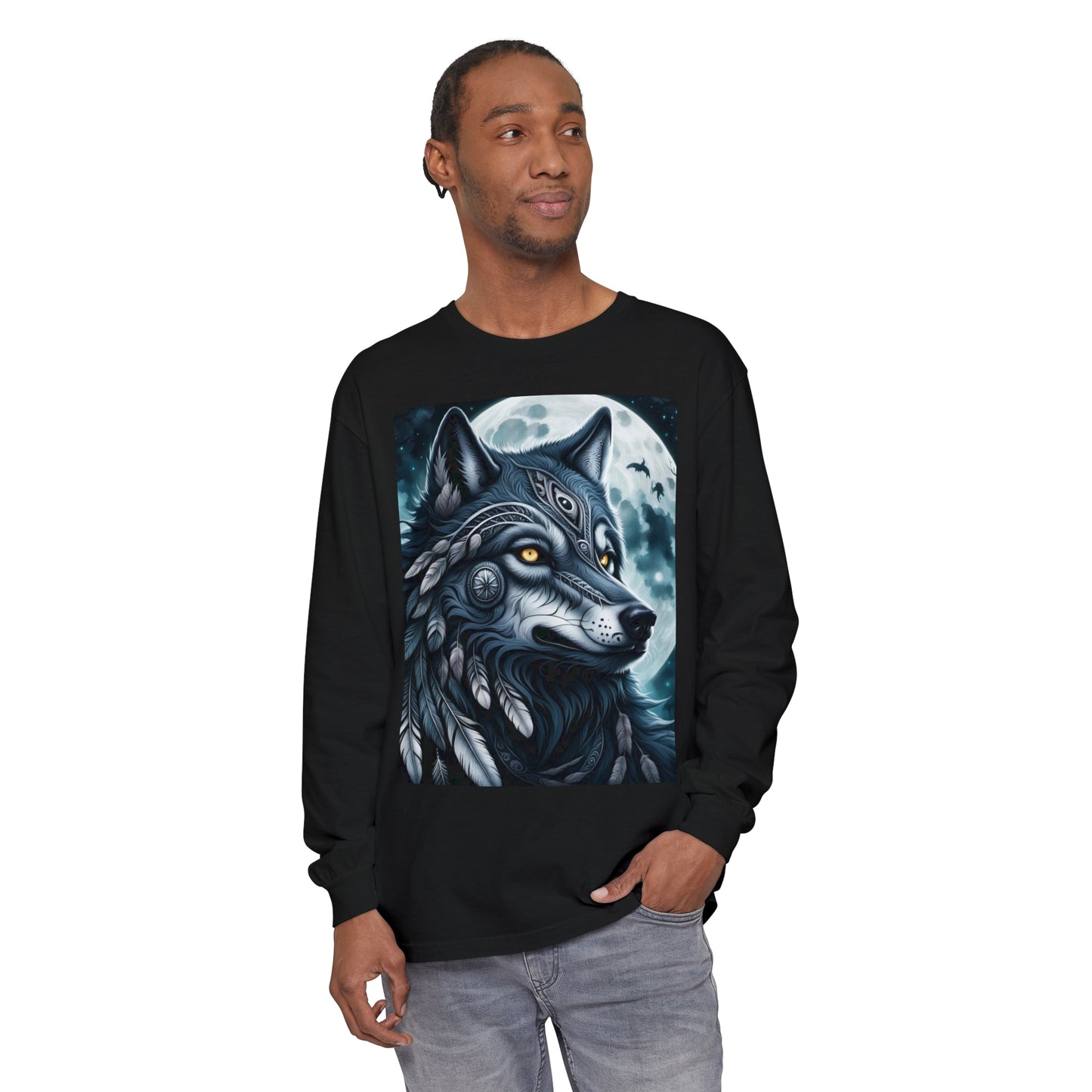 Long-Sleeved Tee Spirit Wolf Shirt, Indian Wolf Design Tribal Headdress Tee, Black and White Apparel, Casual Long Sleeve Wolf Top, Artistic Wolf Design.