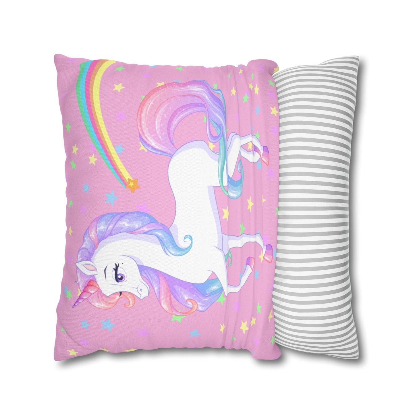 Pink Unicorn Square Pillowcase, Rainbow and Stars Pillow Cover, Magical Unicorn Bedroom Accent, Girls' Room Decorative Pillowcase.