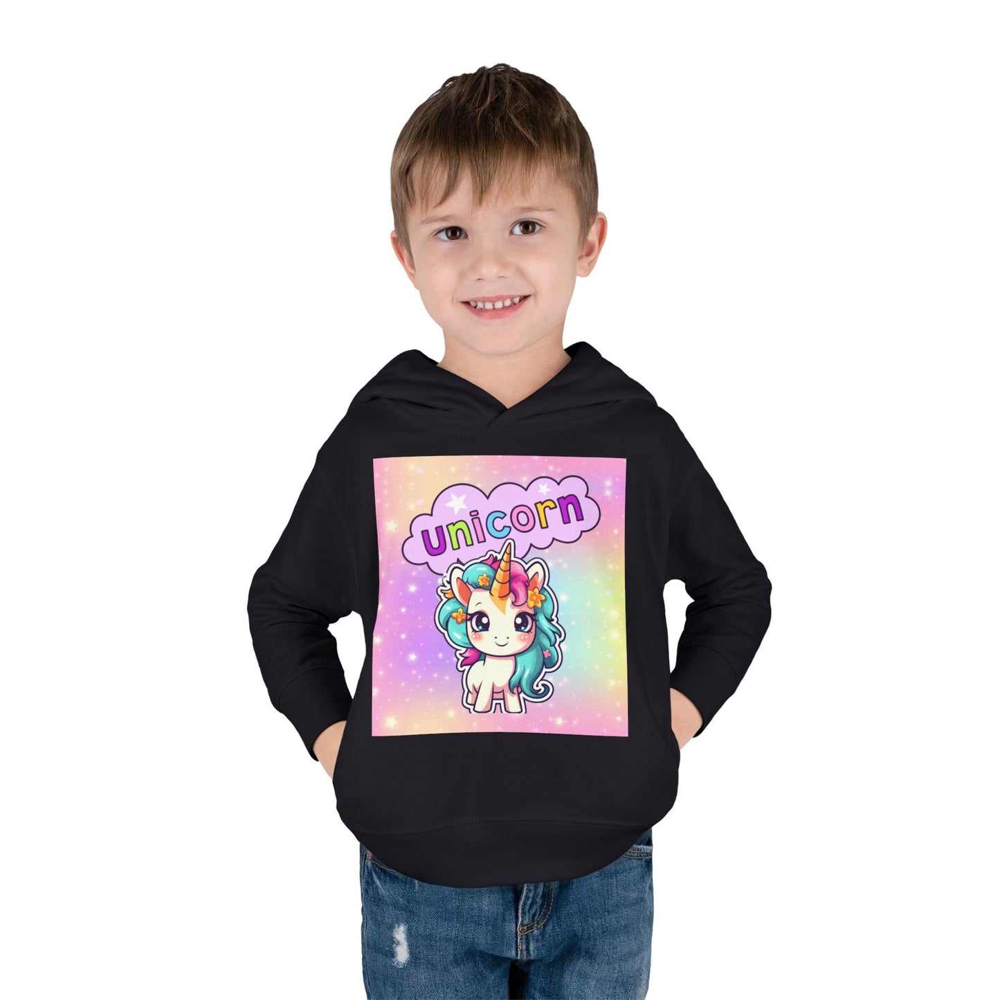 Toddler Unicorn Hoodie, Baby Unicorn Fleece Pullover, Rainbow Background Kids Hoodie, Cozy Toddler Unicorn Sweatshirt, Cute Unicorn Graphic Hoodie.