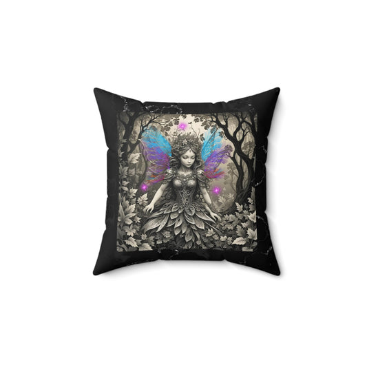 Fairy in the Woods Pillow, Black and White Fairy Design Pillow, Purple and Blue Wing Fairy Pillow, Fantasy-Themed Pillow Decor, Fairy lovers' gift, Spun Polyester Square Pillow