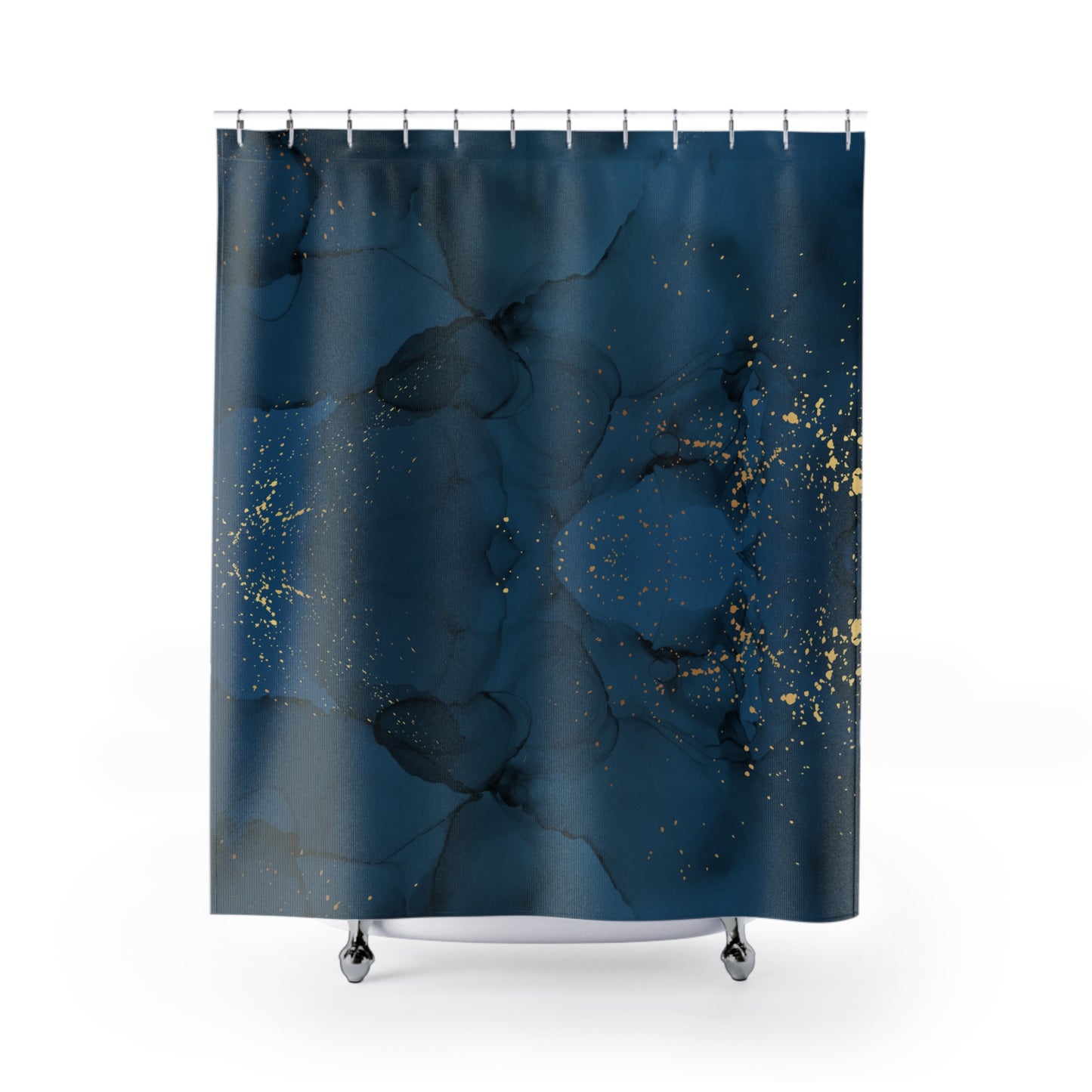 Blueish Green Gold Splatter Shower Curtain, Artistic Metallic Bathroom Decor, Elegant Blue and Gold Bath Curtain, Contemporary Bathroom Makeover Decor.