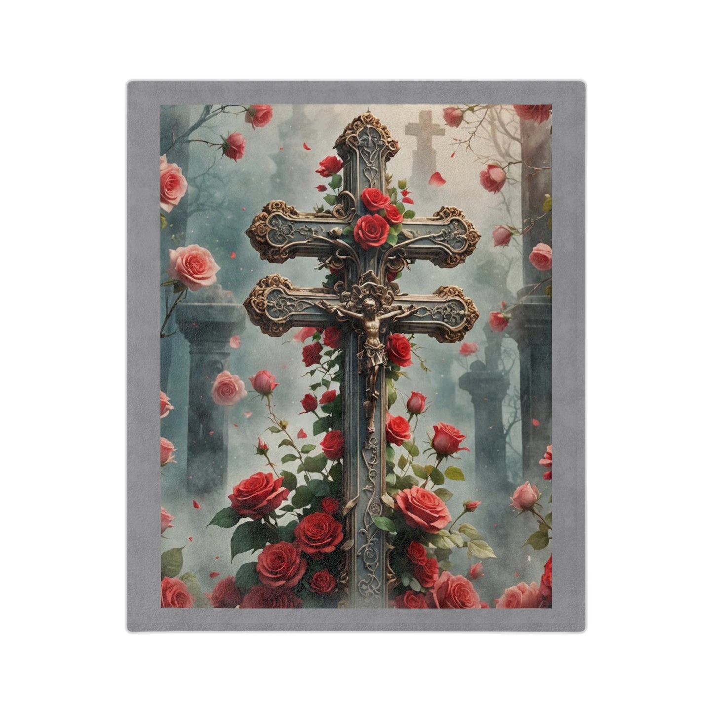 Jesus on the Cross Throw Blanket, Religious Velveteen Blanket, Faith-Inspired Home Décor, Christian Symbolism Blanket, Red Roses and Cross Design Blanket,