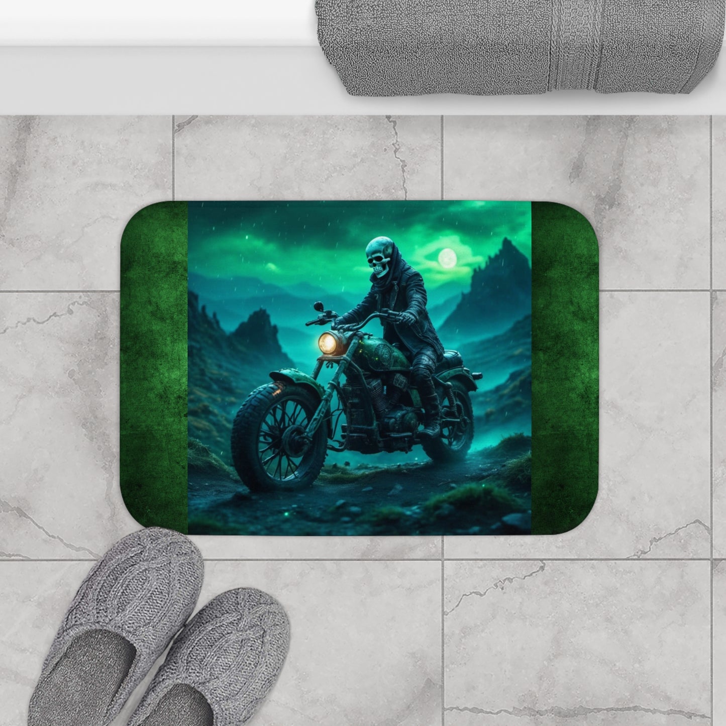 Biker Skull Bathmat, Bath Rug Biker Skeleton, Biker Skeleton Bath Decor, Men's Gift for Bathroom, Skulls Bathroom Decor, Motorcycle Bathmat. Bathmat.