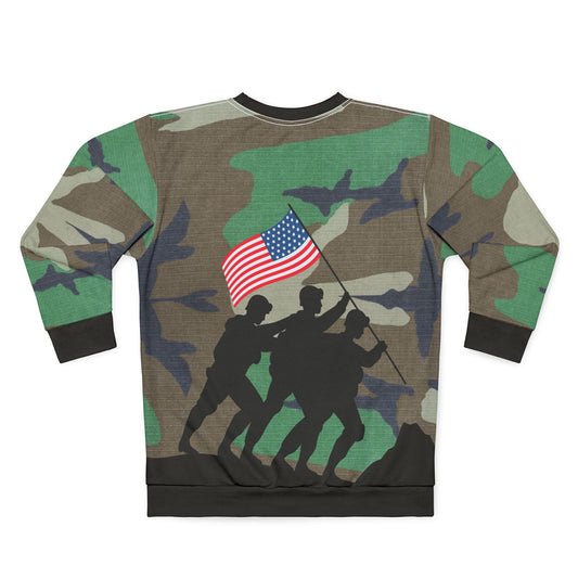 Camo sweatshirt, Military-themed sweatshirt, Patriotic sweatshirt, Army sweatshirt, Soldiers and flag design, all-over camo print, guns graphic sweatshirt, veteran-inspired clothing, armed forces sweatshirt.