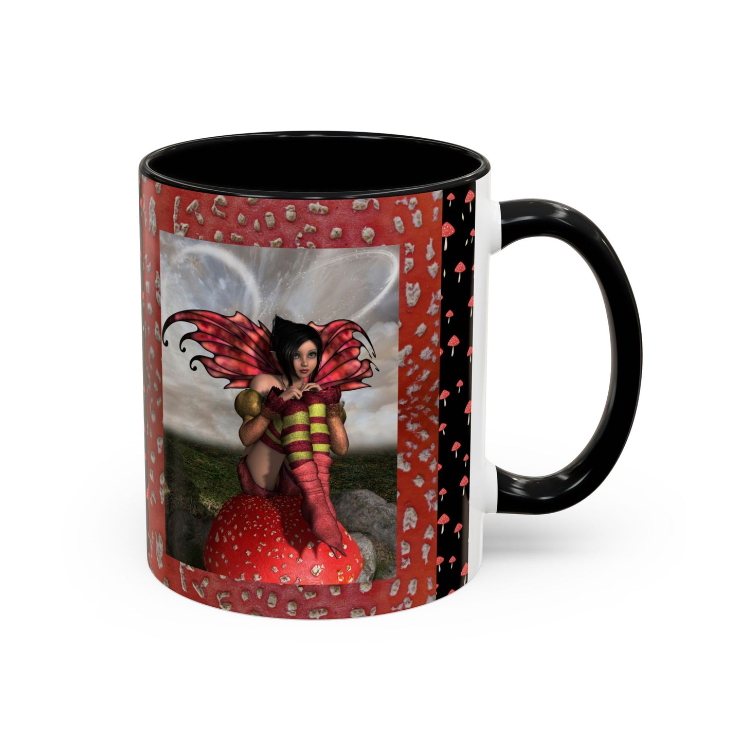 Fairy Coffee Mug, Red Mushroom Fairy Cup, Whimsical Ceramic Mug, Black and Red Mushroom Mug, Nature-Inspired Drinkware, Magical Fairy Tale Coffee Cup, (11, 15oz)