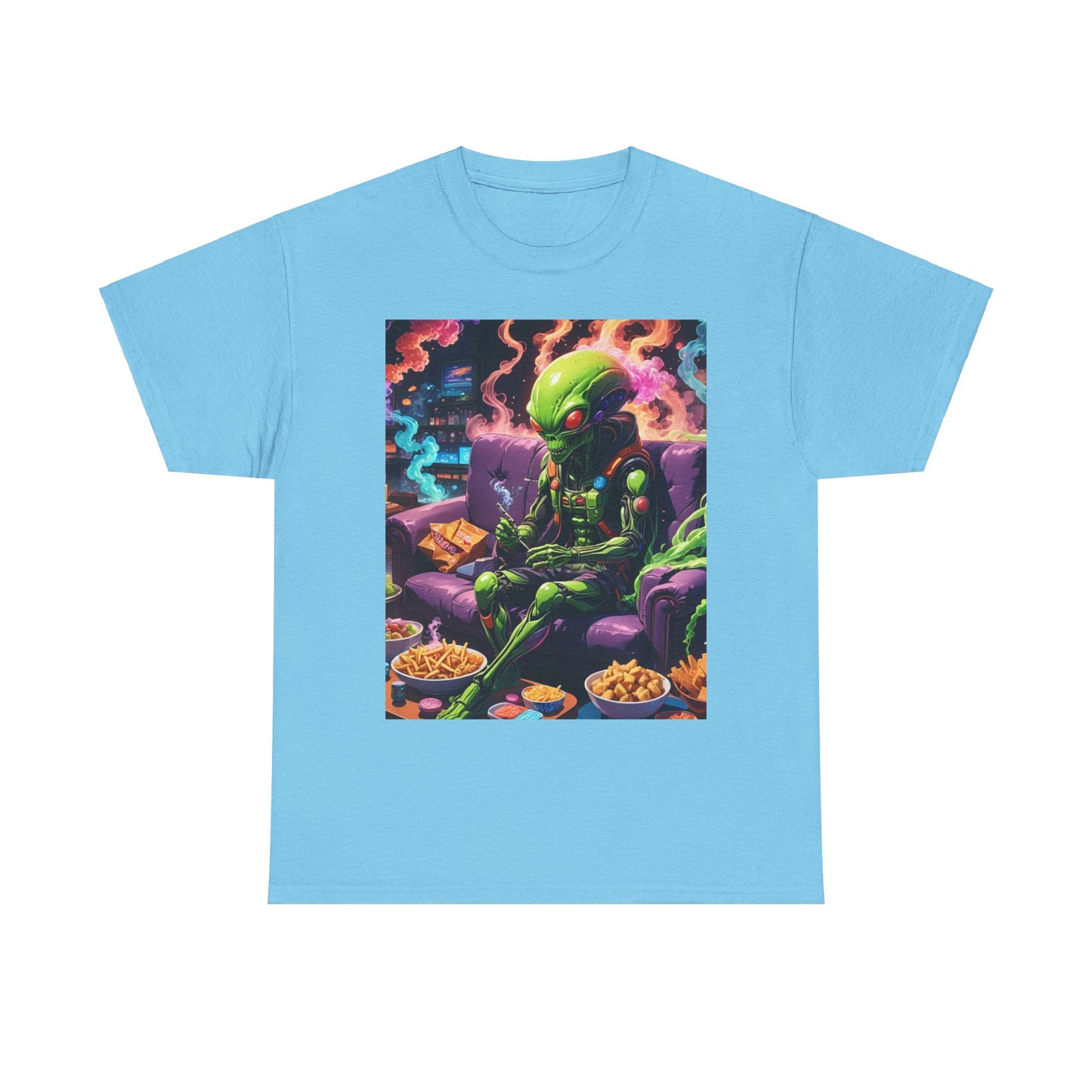 Alien Chilling Weed Tee, Fun Graphic Alien T-Shirt, Colorful Smoke Alien Design Shirt, Unique Weed-Themed Clothing, Unisex Heavy Cotton Tee.