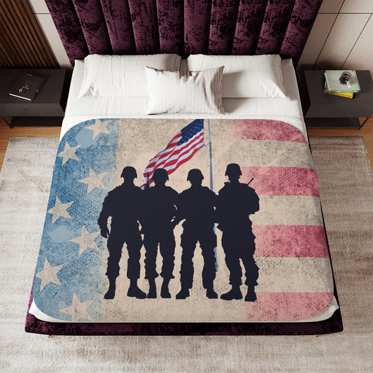 Army men blanket, military blanket, patriotic sherpa blanket, American flag blanket, soldiers and flag design, military tribute blanket, soft sherpa throw, USA pride blanket, Sherpa Blanket.