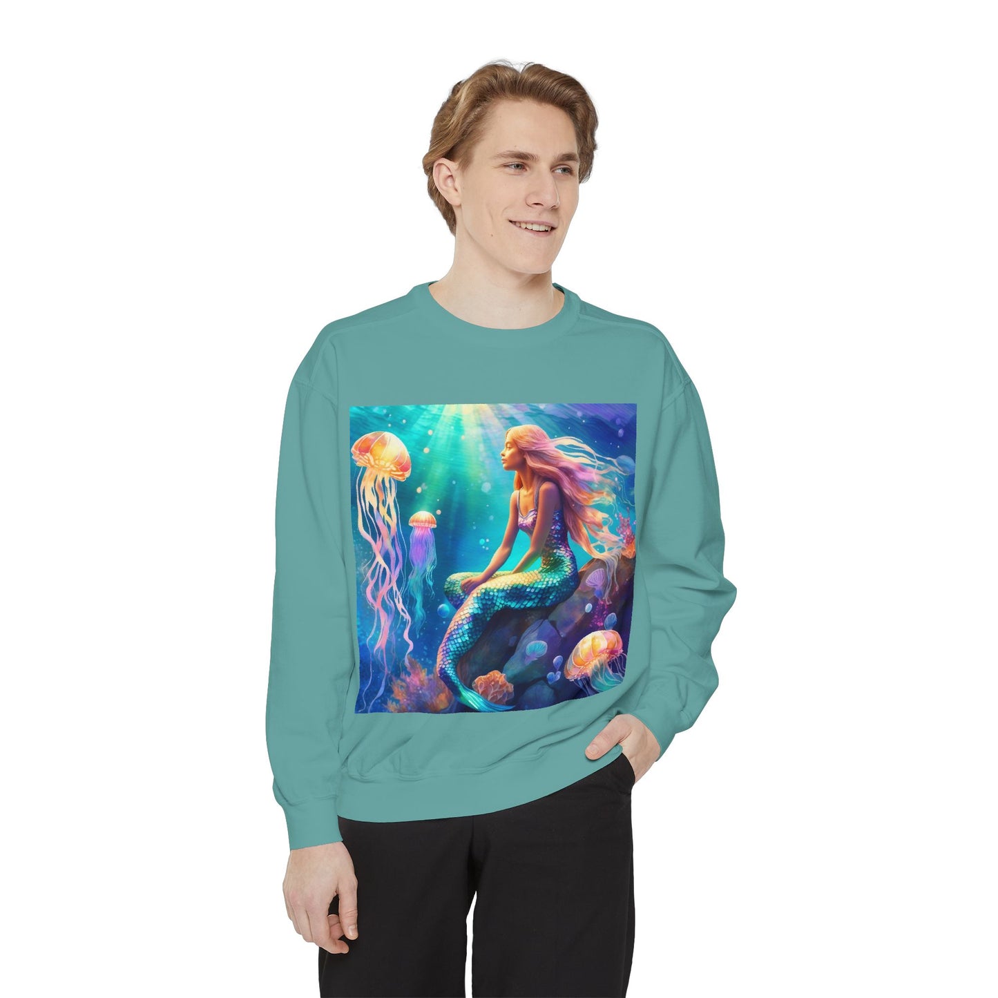 Mermaid Sweatshirt, Ocean Mermaid Sweatshirt, Mermaid Lovers Gift, Jelly fish and Mermaid sweatshirt, Colorful Mermaid Sweatshirt, Unisex Garment-Dyed Sweatshirt.