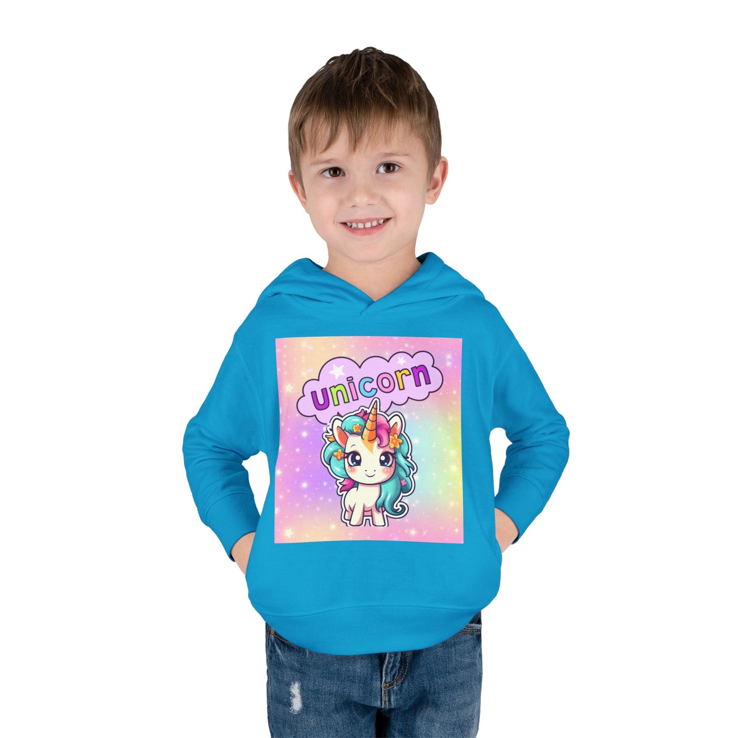 Toddler Unicorn Hoodie, Baby Unicorn Fleece Pullover, Rainbow Background Kids Hoodie, Cozy Toddler Unicorn Sweatshirt, Cute Unicorn Graphic Hoodie.