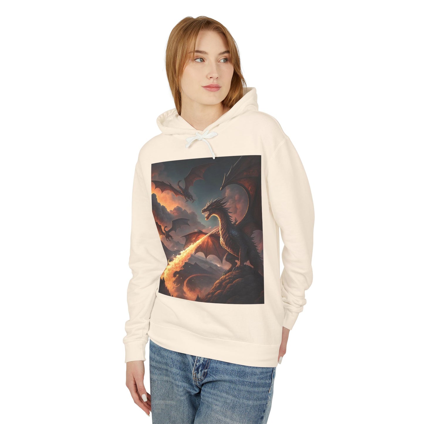 Dragon Graphic Hoodie, Fire-Breathing Dragon Pullover, Pocket-Free Dragon Hoodie, Fantasy-Inspired Hoodie, Mythical Creature Hooded Sweatshirt, Sleek Dragon Apparel.