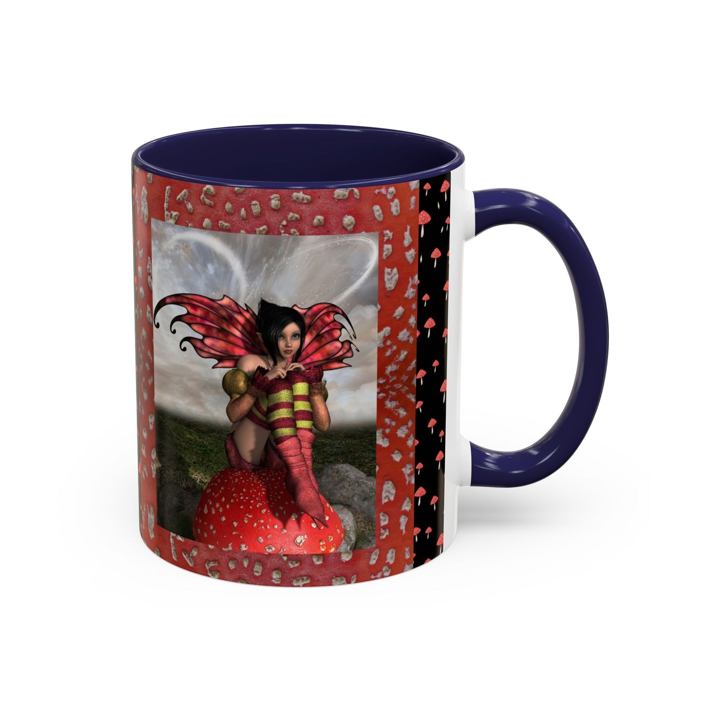 Fairy Coffee Mug, Red Mushroom Fairy Cup, Whimsical Ceramic Mug, Black and Red Mushroom Mug, Nature-Inspired Drinkware, Magical Fairy Tale Coffee Cup, (11, 15oz)