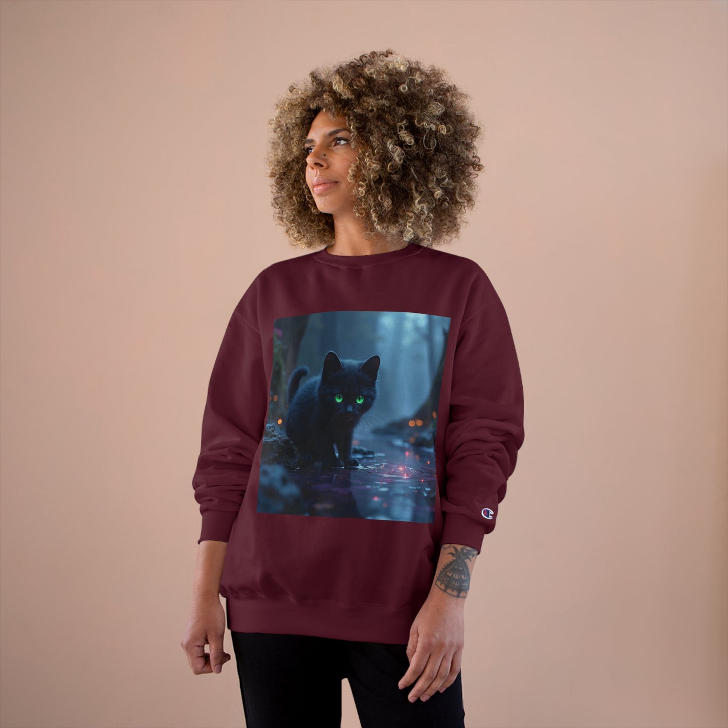 #BlackCatSweatshirt, #CatApparel, #BlackCatMagic, #CatFashion, #MysticalKitty, #FelineFashion, #BlackCatDesign, #WitchyVibes, #CatLoverStyle, #EnchantedCat, Champion Sweatshirt