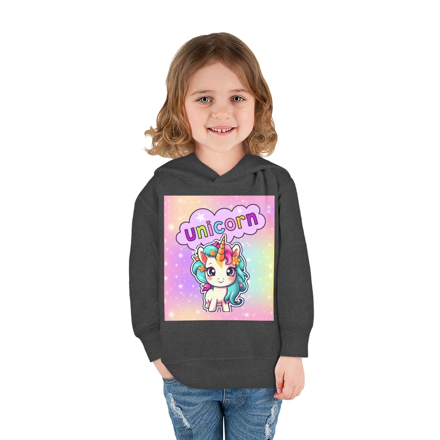 Toddler Unicorn Hoodie, Baby Unicorn Fleece Pullover, Rainbow Background Kids Hoodie, Cozy Toddler Unicorn Sweatshirt, Cute Unicorn Graphic Hoodie.