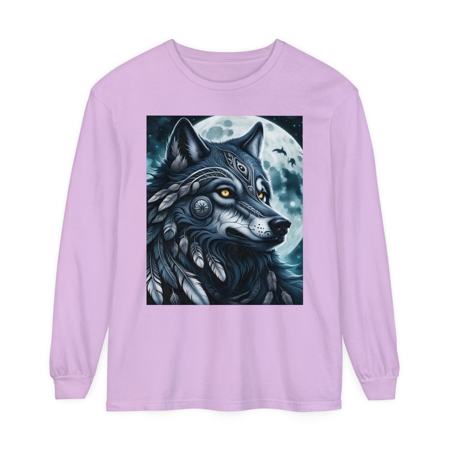 Long-Sleeved Tee Spirit Wolf Shirt, Indian Wolf Design Tribal Headdress Tee, Black and White Apparel, Casual Long Sleeve Wolf Top, Artistic Wolf Design.