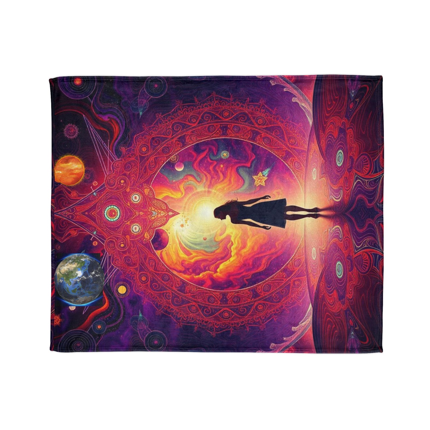 Galaxy-themed blanket, Mystical altar design, Woman in space Spiritual deco,Soft Polyester Blanketr Cosmic, scene Celestial Blanket, sunrise Universe and stars Blanket, Sun rising in galaxy.