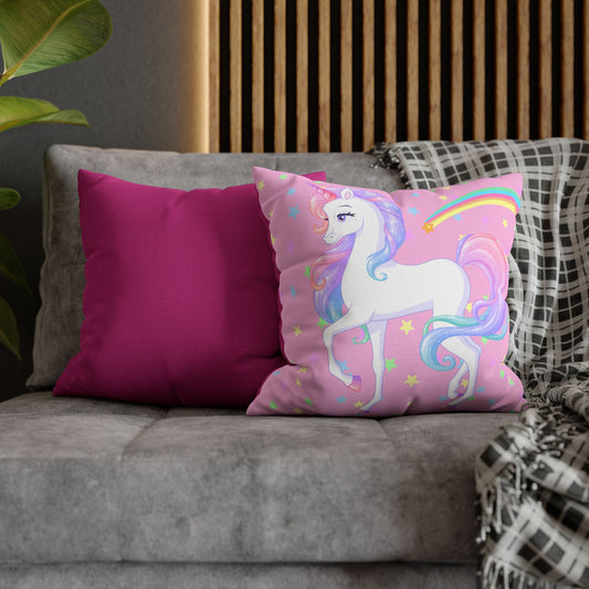 Pink Unicorn Square Pillowcase, Rainbow and Stars Pillow Cover, Magical Unicorn Bedroom Accent, Girls' Room Decorative Pillowcase.