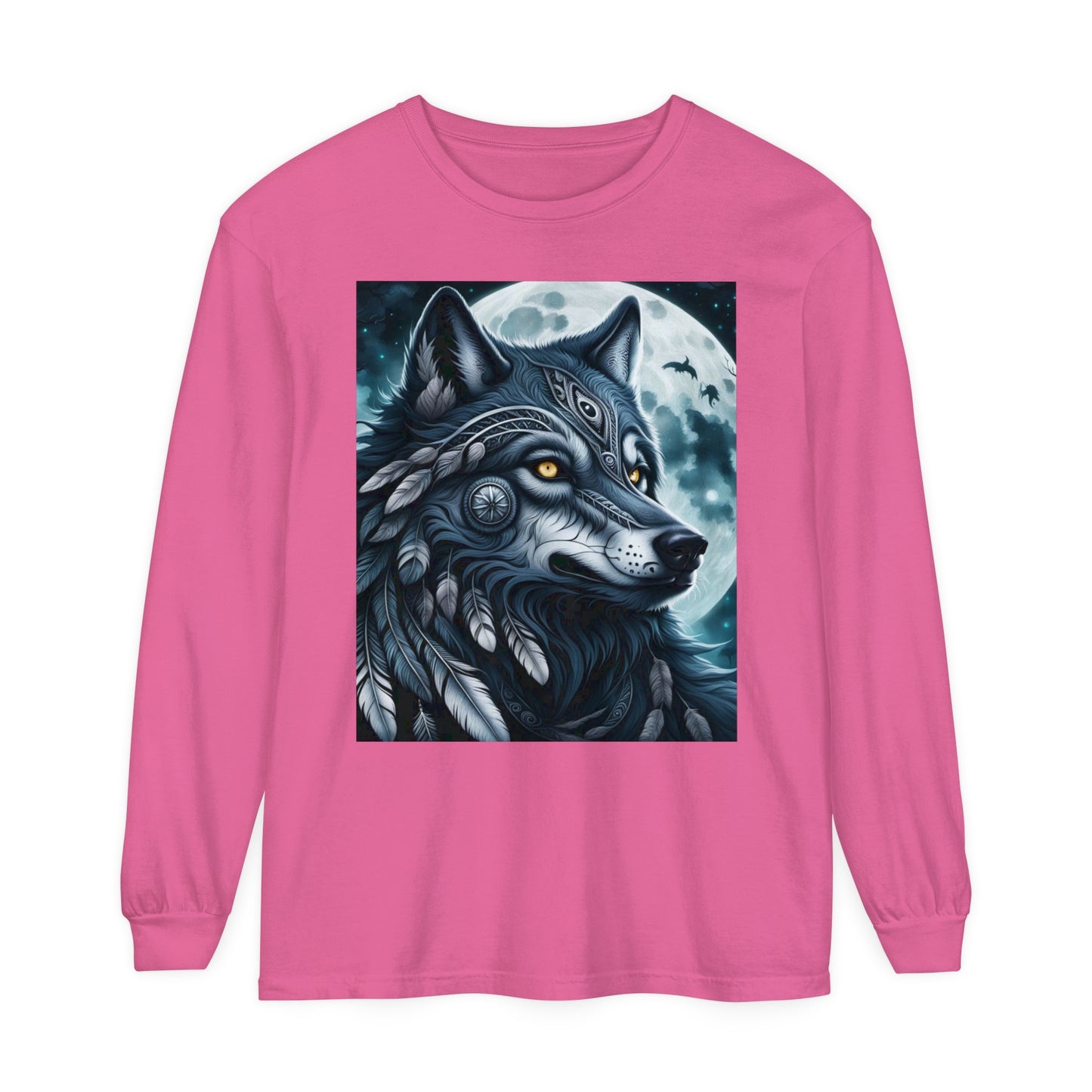 Long-Sleeved Tee Spirit Wolf Shirt, Indian Wolf Design Tribal Headdress Tee, Black and White Apparel, Casual Long Sleeve Wolf Top, Artistic Wolf Design.