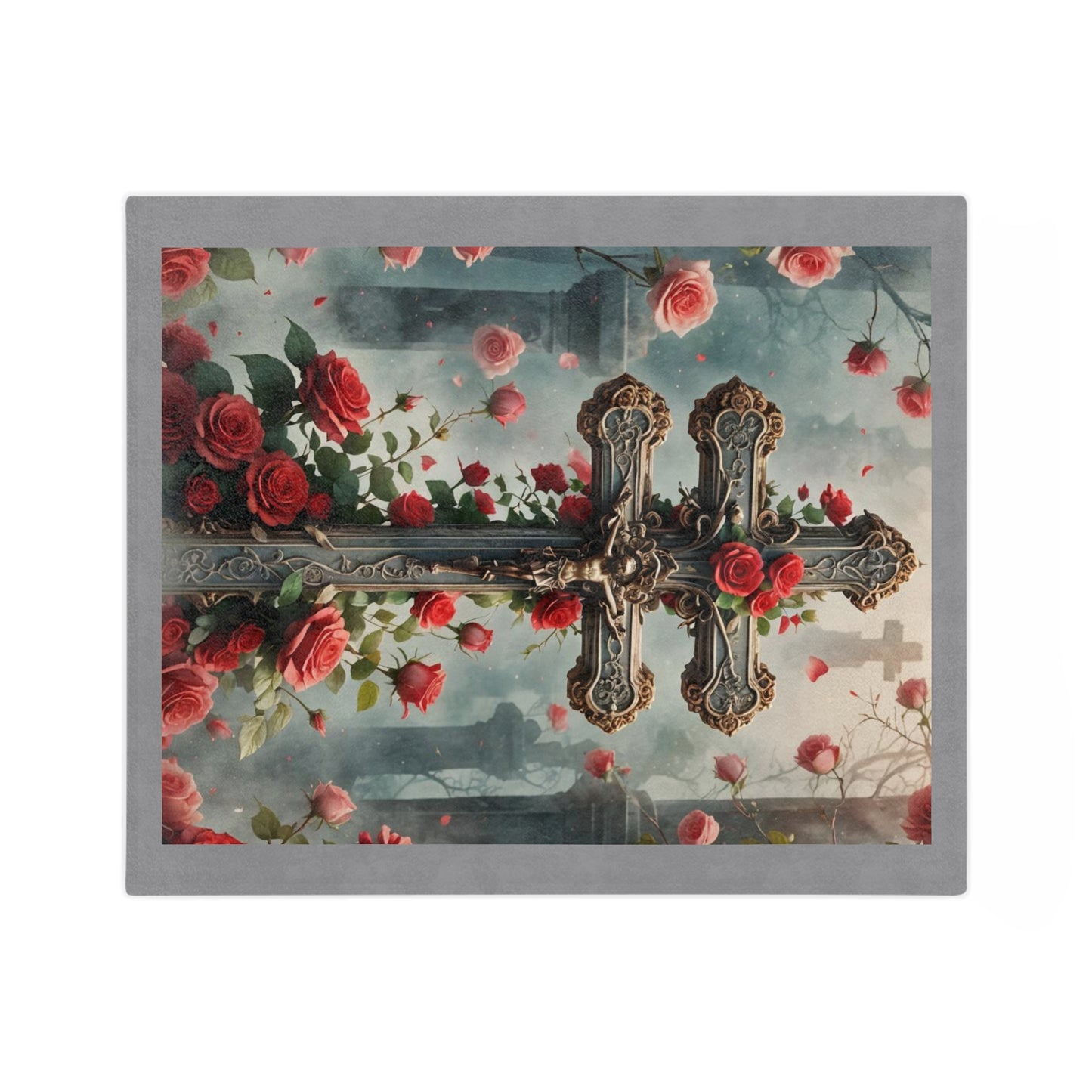 Jesus on the Cross Throw Blanket, Religious Velveteen Blanket, Faith-Inspired Home Décor, Christian Symbolism Blanket, Red Roses and Cross Design Blanket,