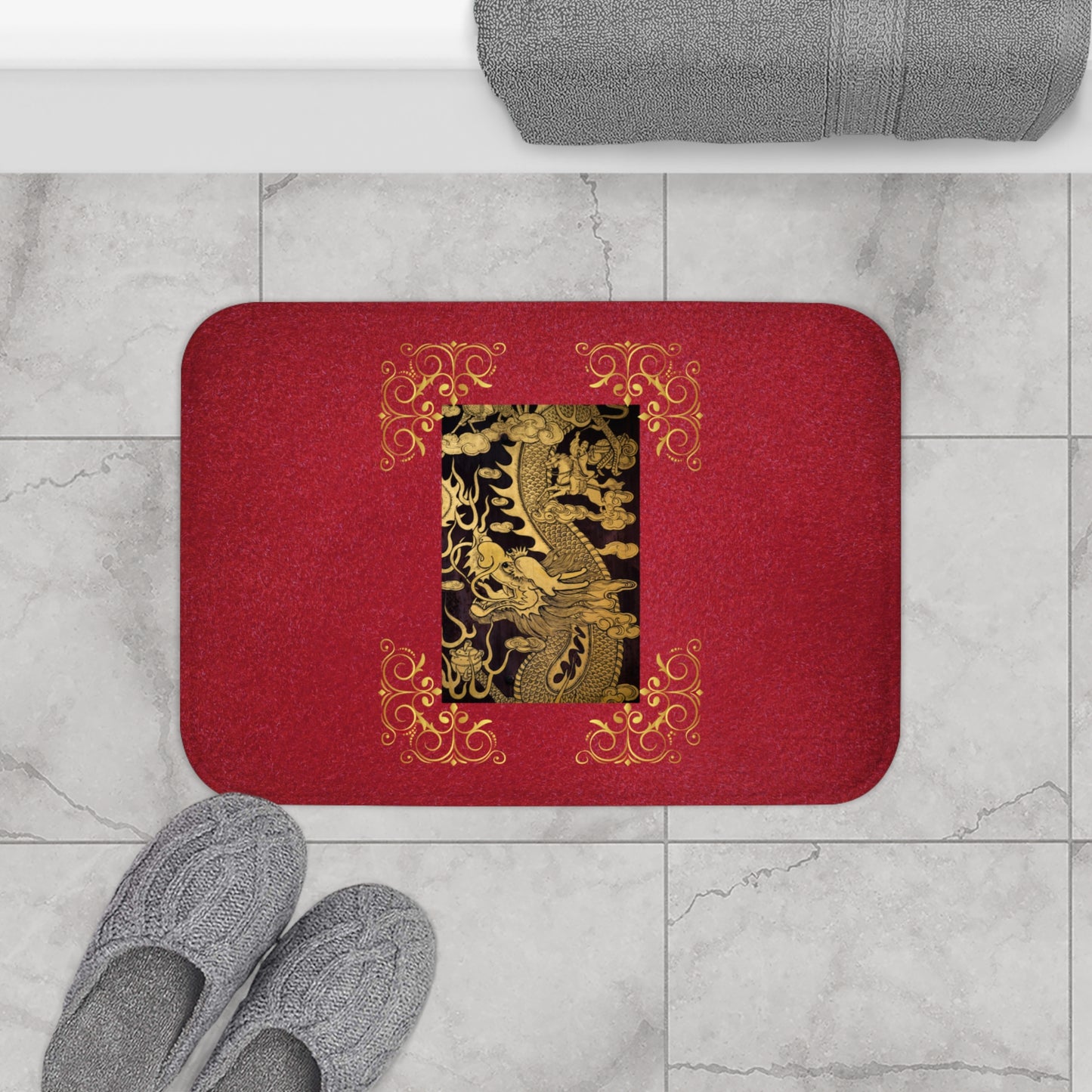 Chinese Dragon Bathmat, Red and Gold Bathroom, Mat Dragon-Themed Bathmat, Luxury Asian Bathroom Decor, Elegant Red and Gold Mat, Chinese Culture Bathroom Decor.