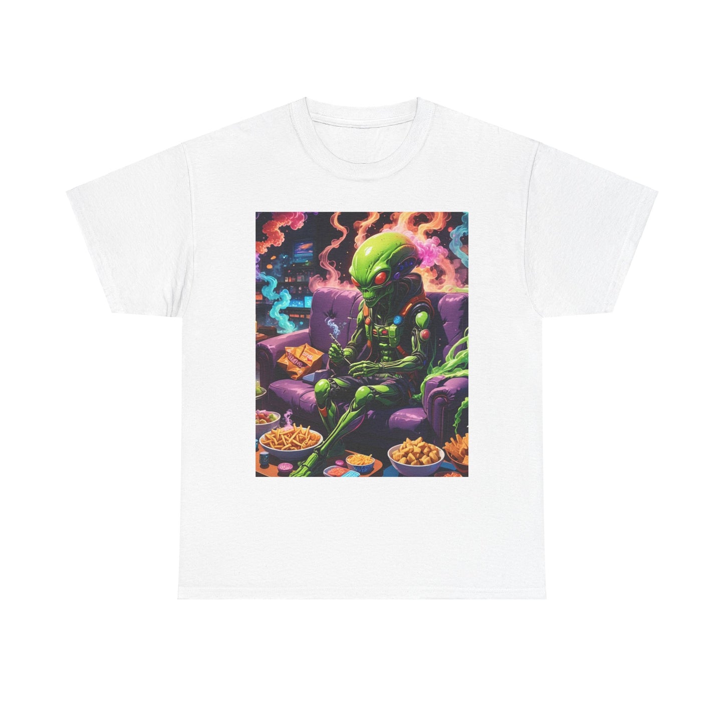 Alien Chilling Weed Tee, Fun Graphic Alien T-Shirt, Colorful Smoke Alien Design Shirt, Unique Weed-Themed Clothing, Unisex Heavy Cotton Tee.