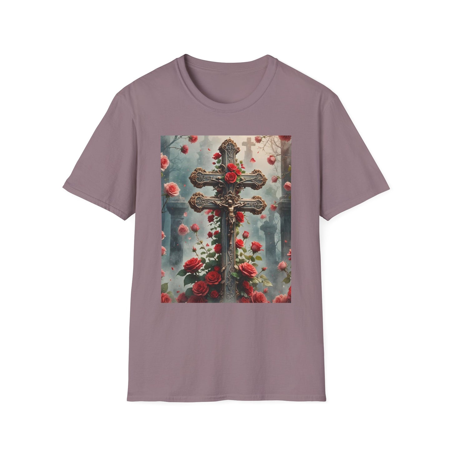 Cross and Roses T-Shirt, Jesus on the Cross Tee, Religious Graphic Tee, Faith-Inspired Apparel Christian Symbolism Shirt, Jesus and Cross Graphic Tee.