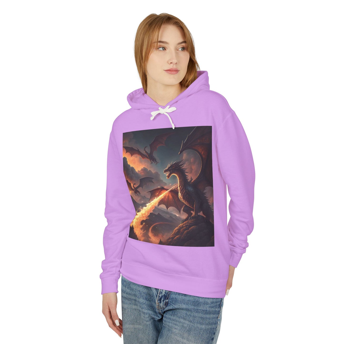 Dragon Graphic Hoodie, Fire-Breathing Dragon Pullover, Pocket-Free Dragon Hoodie, Fantasy-Inspired Hoodie, Mythical Creature Hooded Sweatshirt, Sleek Dragon Apparel.