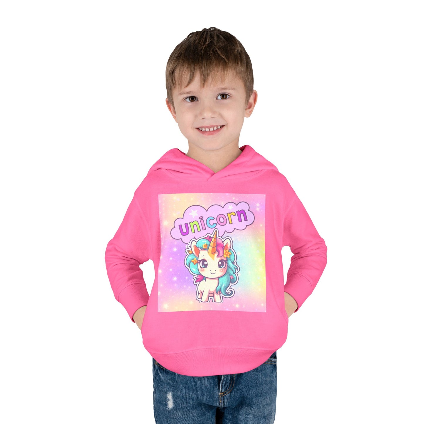 Toddler Unicorn Hoodie, Baby Unicorn Fleece Pullover, Rainbow Background Kids Hoodie, Cozy Toddler Unicorn Sweatshirt, Cute Unicorn Graphic Hoodie.