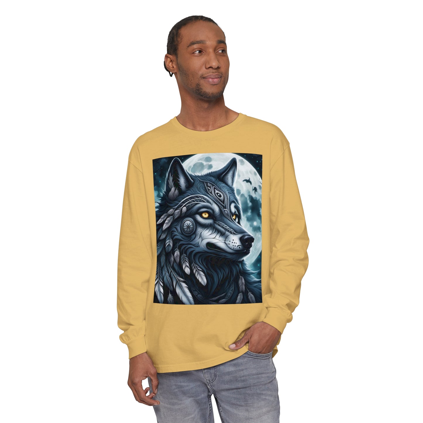 Long-Sleeved Tee Spirit Wolf Shirt, Indian Wolf Design Tribal Headdress Tee, Black and White Apparel, Casual Long Sleeve Wolf Top, Artistic Wolf Design.