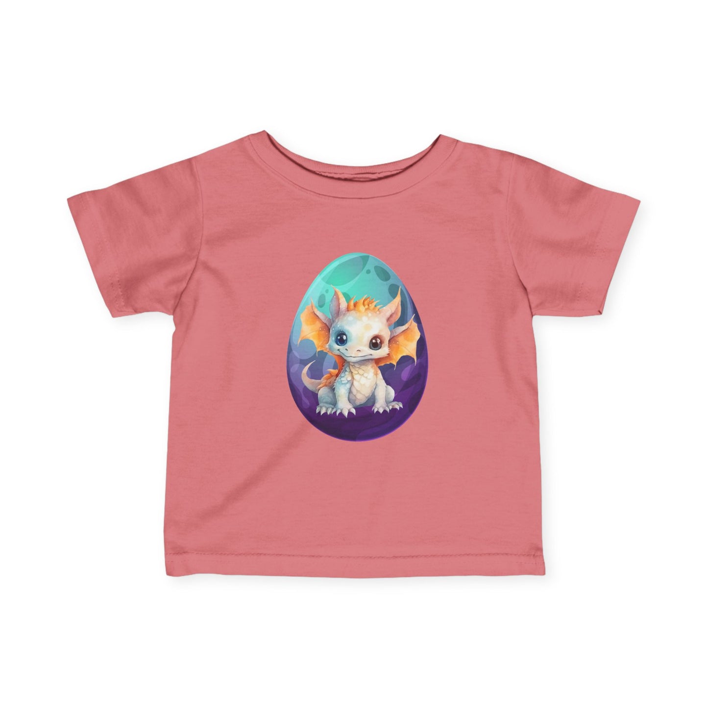 Dino Egg Infant Tee, Turquoise and Purple Baby T-Shirt, Cute Baby Dinosaur Graphic, Infant Fine Jersey Tee, Dino-Themed Baby Apparel, Vibrant and Playful Baby T-Shirt.