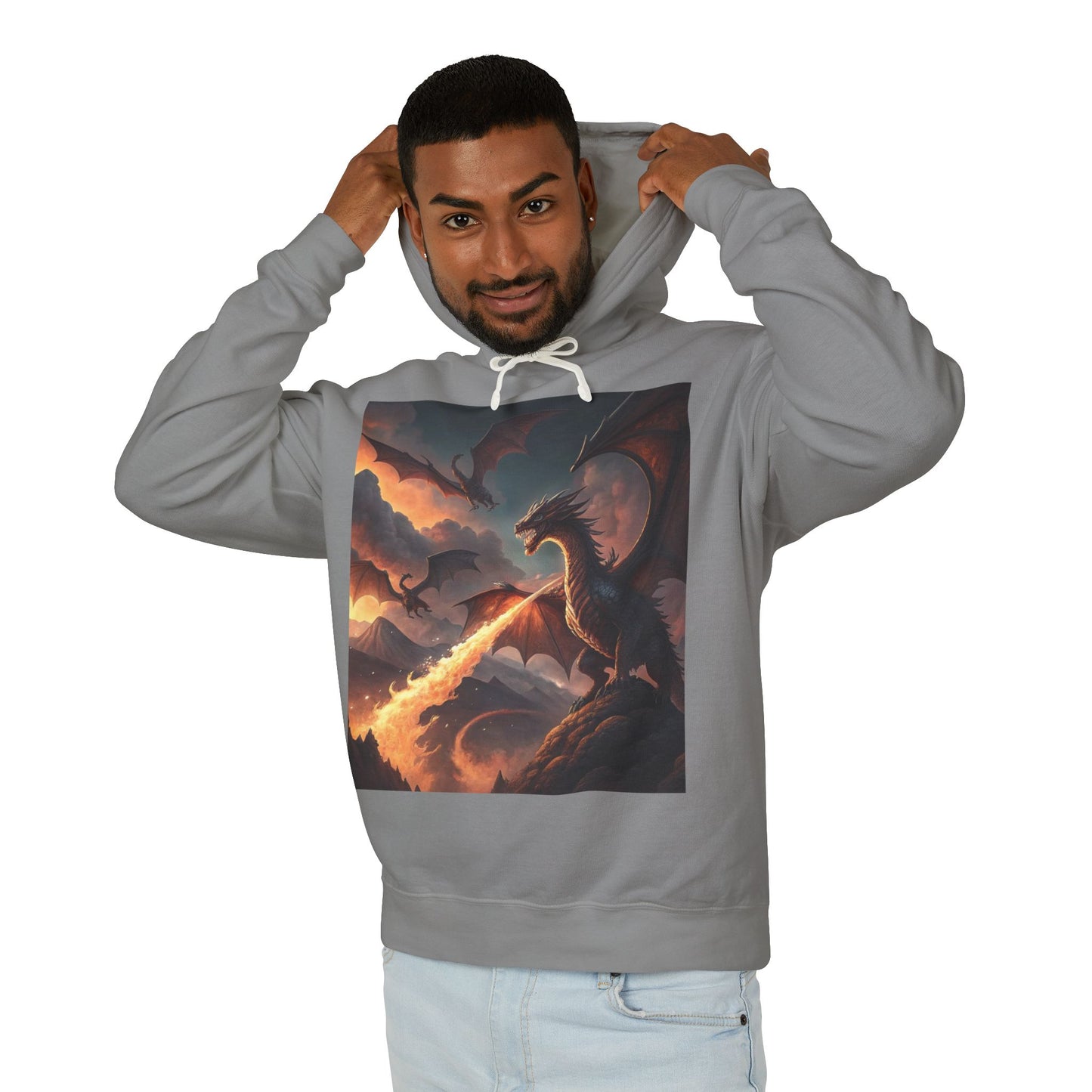 Dragon Graphic Hoodie, Fire-Breathing Dragon Pullover, Pocket-Free Dragon Hoodie, Fantasy-Inspired Hoodie, Mythical Creature Hooded Sweatshirt, Sleek Dragon Apparel.