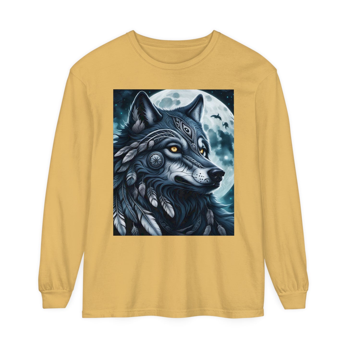 Long-Sleeved Tee Spirit Wolf Shirt, Indian Wolf Design Tribal Headdress Tee, Black and White Apparel, Casual Long Sleeve Wolf Top, Artistic Wolf Design.