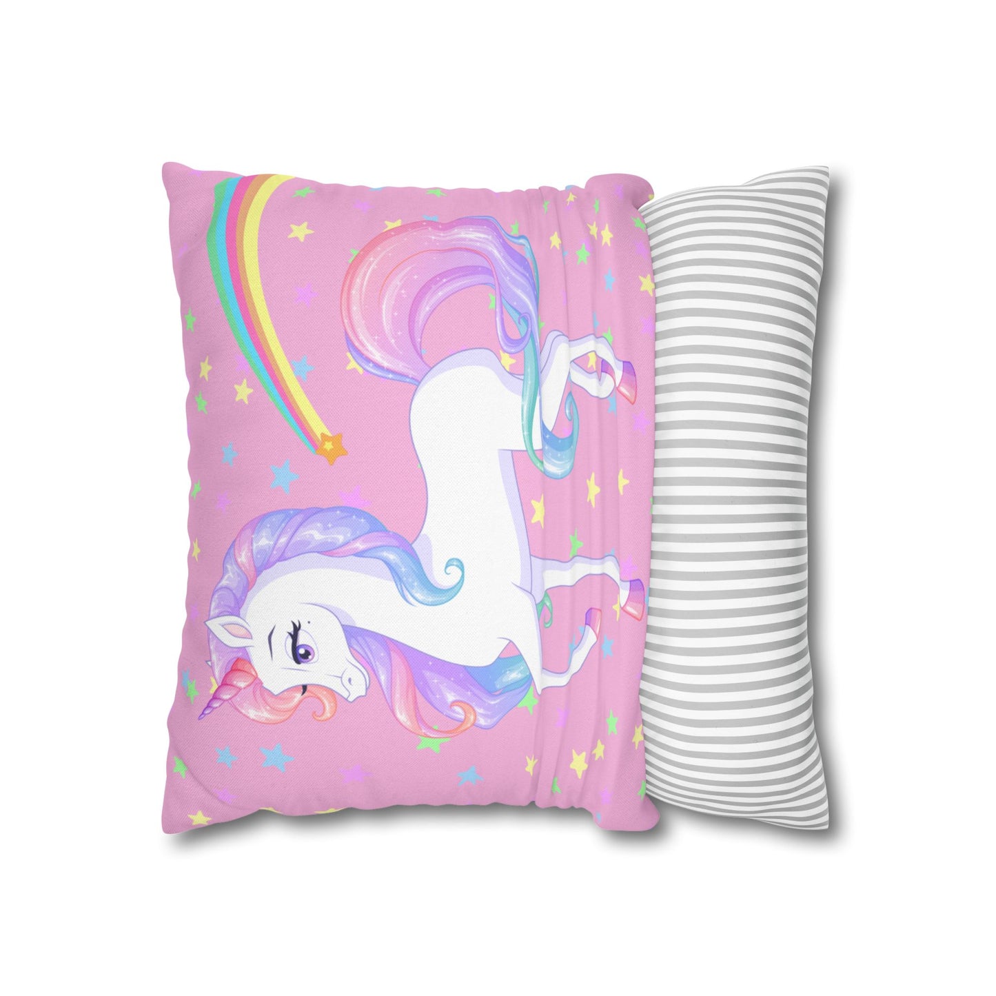 Pink Unicorn Square Pillowcase, Rainbow and Stars Pillow Cover, Magical Unicorn Bedroom Accent, Girls' Room Decorative Pillowcase.