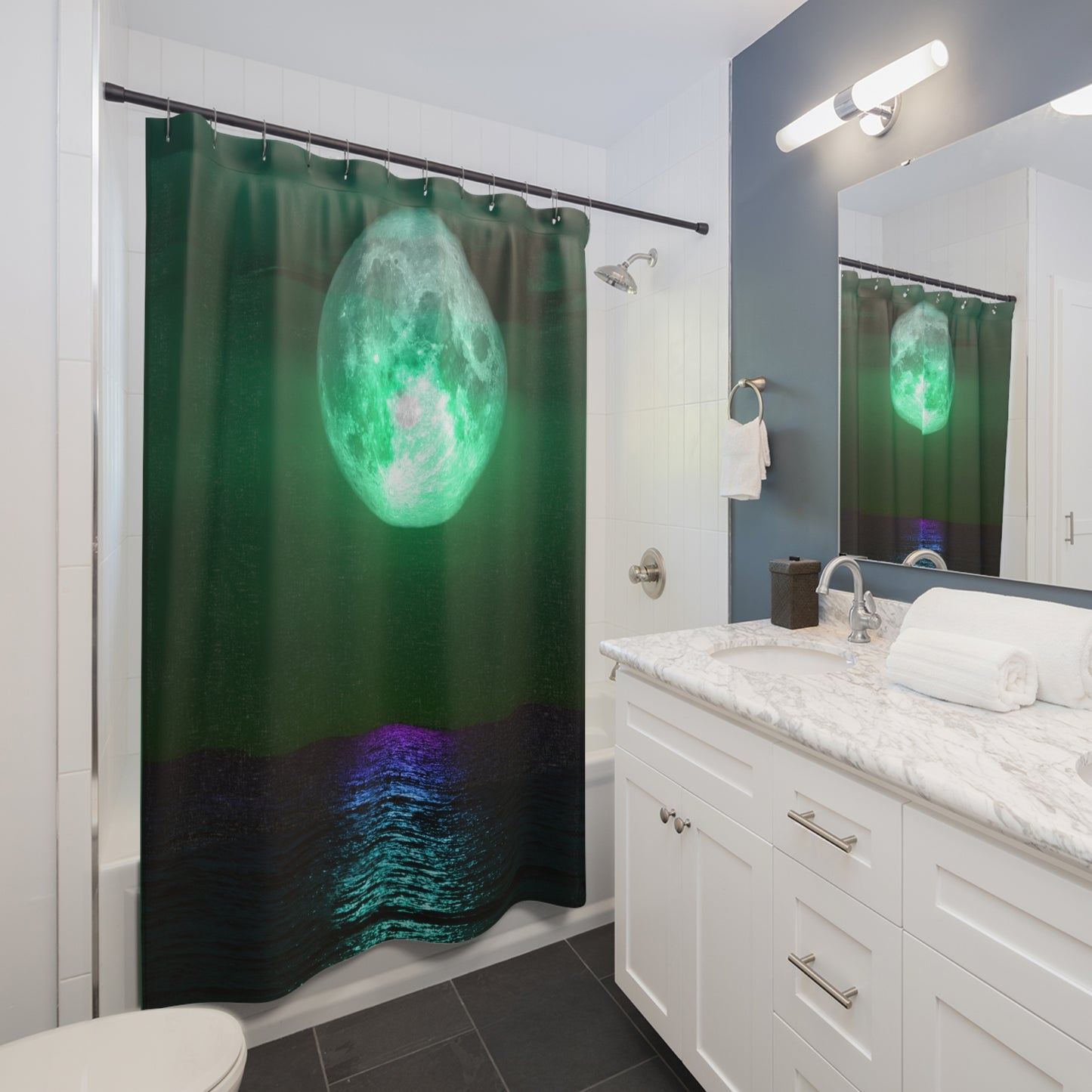 Full Moon Shower, Curtain Green Night Sky Bathroom Decor, Moonlight Shower Curtain, Mystical Nature Shower Curtain, Shower decor housewarming gift.