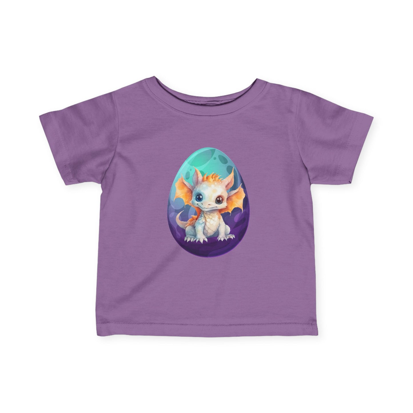 Dino Egg Infant Tee, Turquoise and Purple Baby T-Shirt, Cute Baby Dinosaur Graphic, Infant Fine Jersey Tee, Dino-Themed Baby Apparel, Vibrant and Playful Baby T-Shirt.