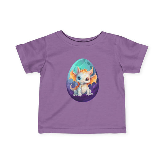 Dino Egg Infant Tee, Turquoise and Purple Baby T-Shirt, Cute Baby Dinosaur Graphic, Infant Fine Jersey Tee, Dino-Themed Baby Apparel, Vibrant and Playful Baby T-Shirt.