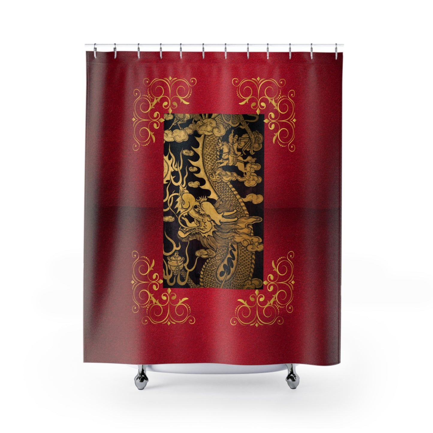 Chinese Dragon Shower Curtain, Red and Gold Bathroom, Curtain Dragon-Themed Shower Curtain, Elegant Chinese Dragon Curtain, Chinese Culture Bathroom Decor.