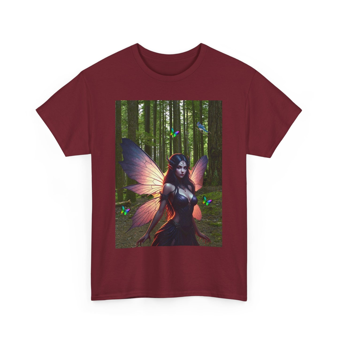 Fairy in the Woods Tee, Unisex Fantasy Tee, Rainbow Butterflies Shirt, Unisex Heavy Cotton Tee, Fairy gift Idea for her, Enchanted Tee.