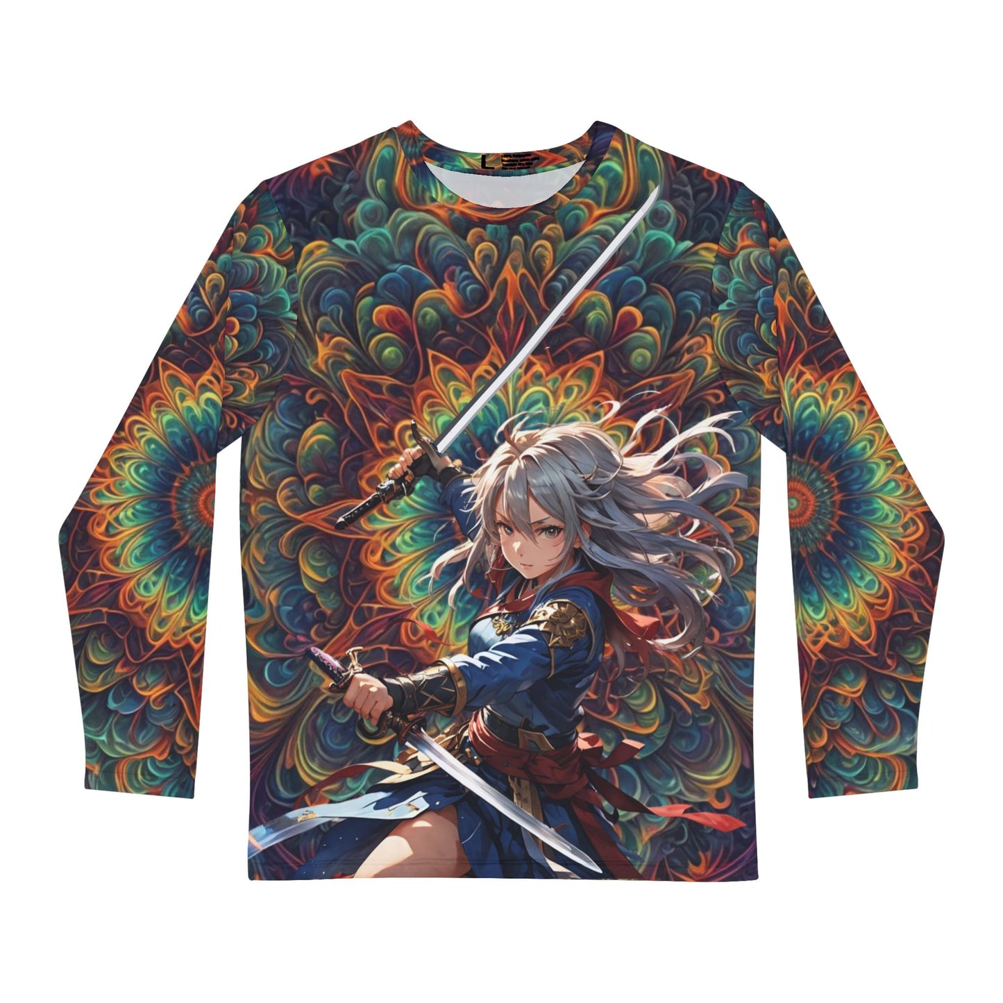 Rainbow Print Katana Girl Shirt, Long-Sleeve Anime Warrior Shirt, Colorful Samurai Girl Top All-Over Rainbow Graphic Shirt, Men's Long Sleeve Shirt (AOP)