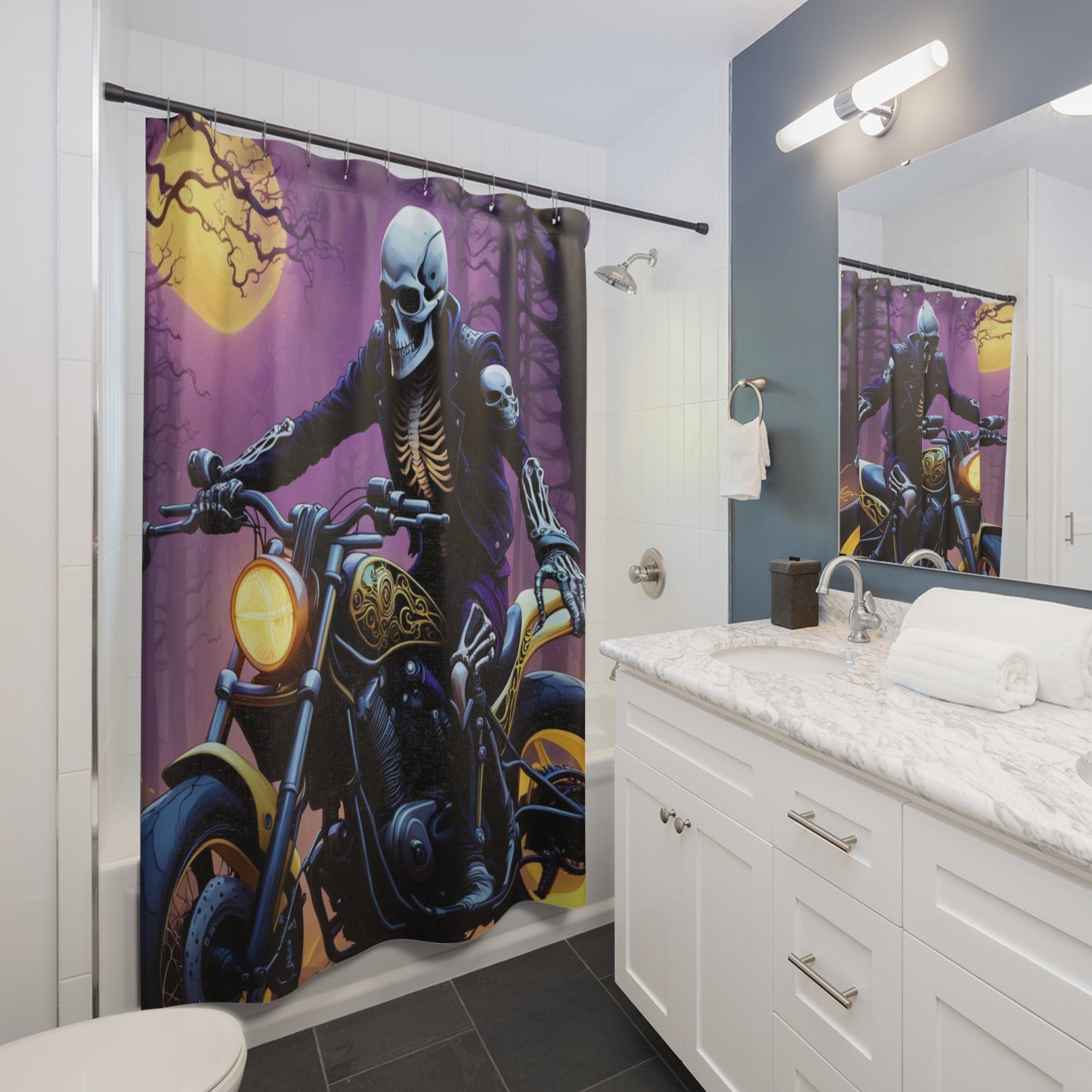 Skull Rider Shower Curtain, Gothic Motorcycle Bathroom Decor, Purple Night Sky Bathroom Accessory, Edgy Skull and Moon Design Curtain, Midnight Biker Shower Curtain.