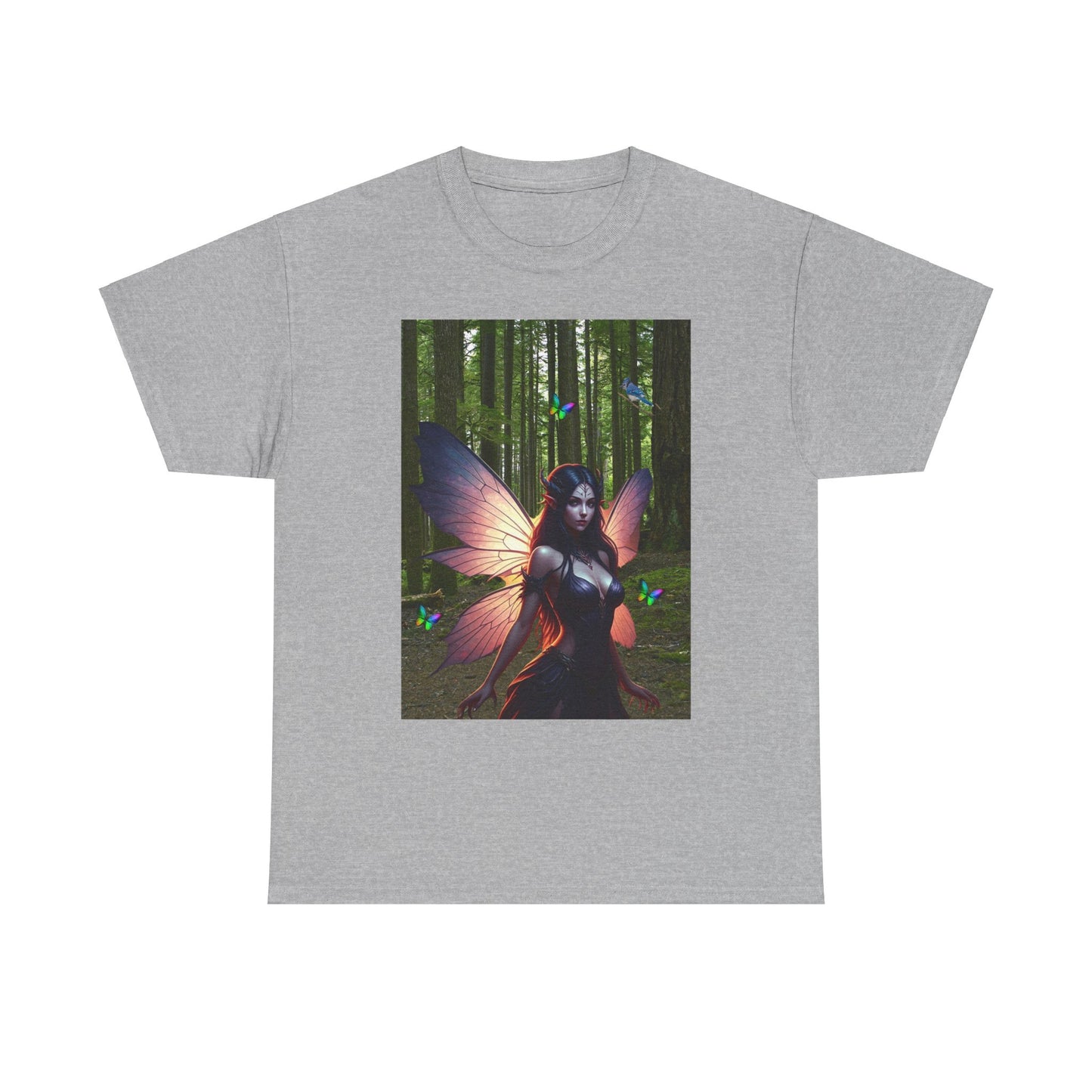 Fairy in the Woods Tee, Unisex Fantasy Tee, Rainbow Butterflies Shirt, Unisex Heavy Cotton Tee, Fairy gift Idea for her, Enchanted Tee.