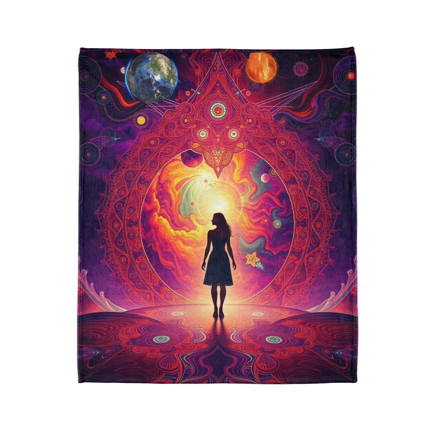 Galaxy-themed blanket, Mystical altar design, Woman in space Spiritual deco,Soft Polyester Blanketr Cosmic, scene Celestial Blanket, sunrise Universe and stars Blanket, Sun rising in galaxy.