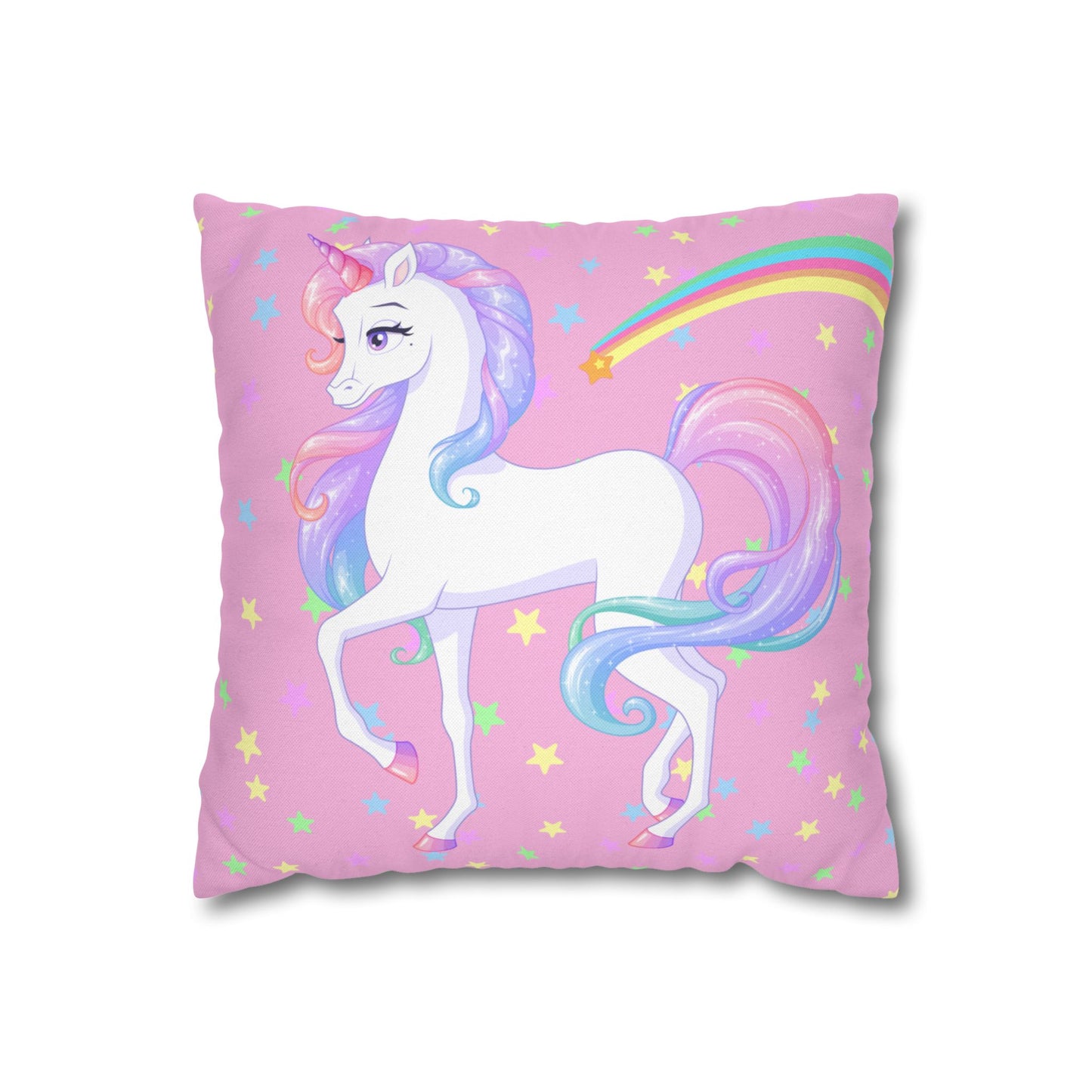 Pink Unicorn Square Pillowcase, Rainbow and Stars Pillow Cover, Magical Unicorn Bedroom Accent, Girls' Room Decorative Pillowcase.