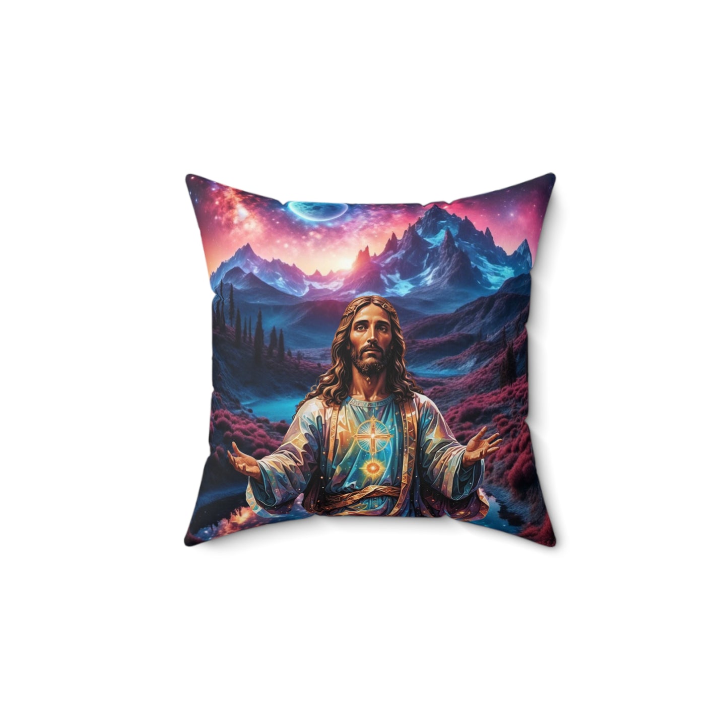 Jesus Decor Pillowcase, Spiritual Home Decor, Jesus Square Pillow Cover, Faith-Inspired Pillowcase, Religious Pillowcase, Housewarming Gift, Religious Pillowcase with Mountains.