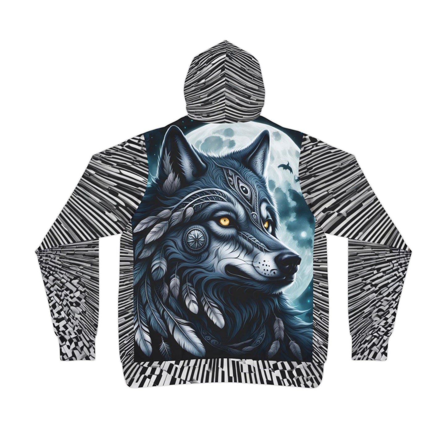 Wolf Feather Headdress Hoodie, Indiana Soul hoodie, All-Over Print Wolf Hoodie, Black and White Pattern Hoodie, Tribal Wolf Design Sweatshirt, Athletic Hoodie (AOP)