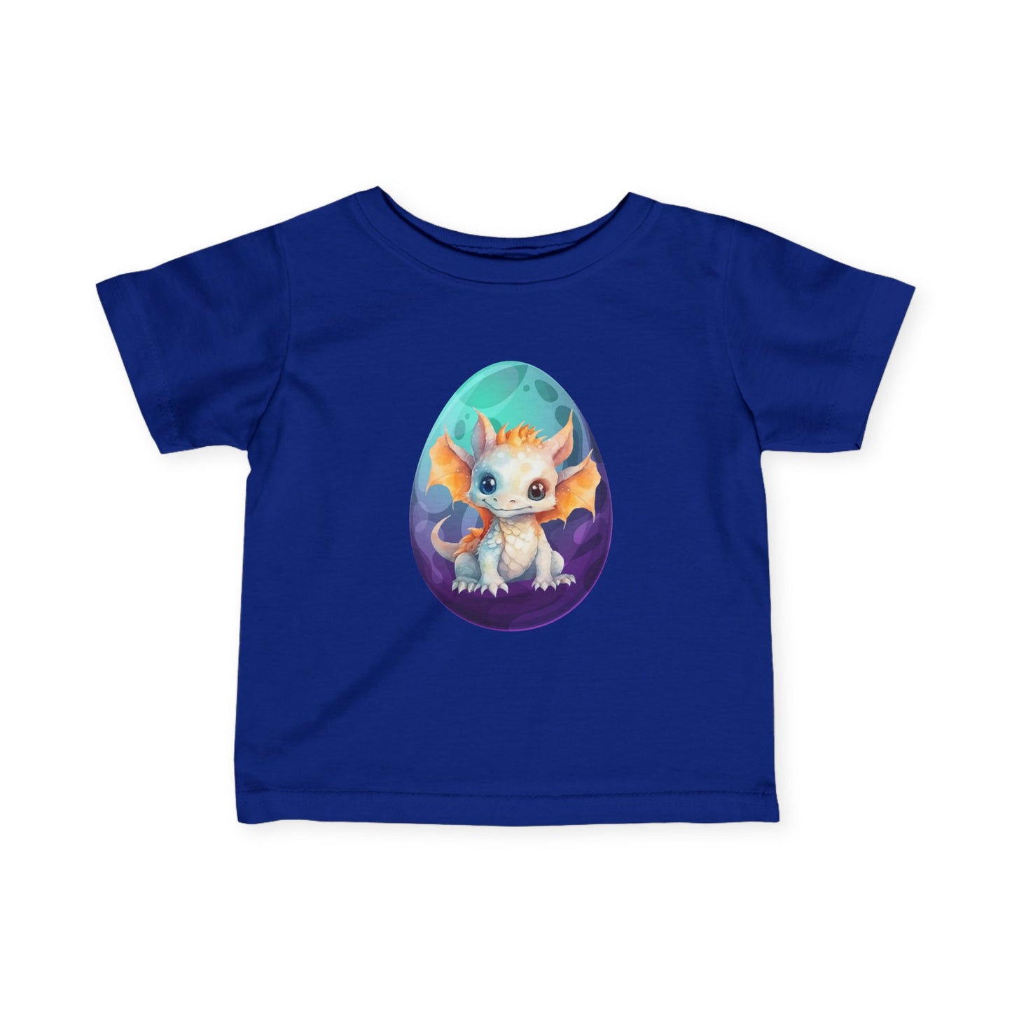 Dino Egg Infant Tee, Turquoise and Purple Baby T-Shirt, Cute Baby Dinosaur Graphic, Infant Fine Jersey Tee, Dino-Themed Baby Apparel, Vibrant and Playful Baby T-Shirt.